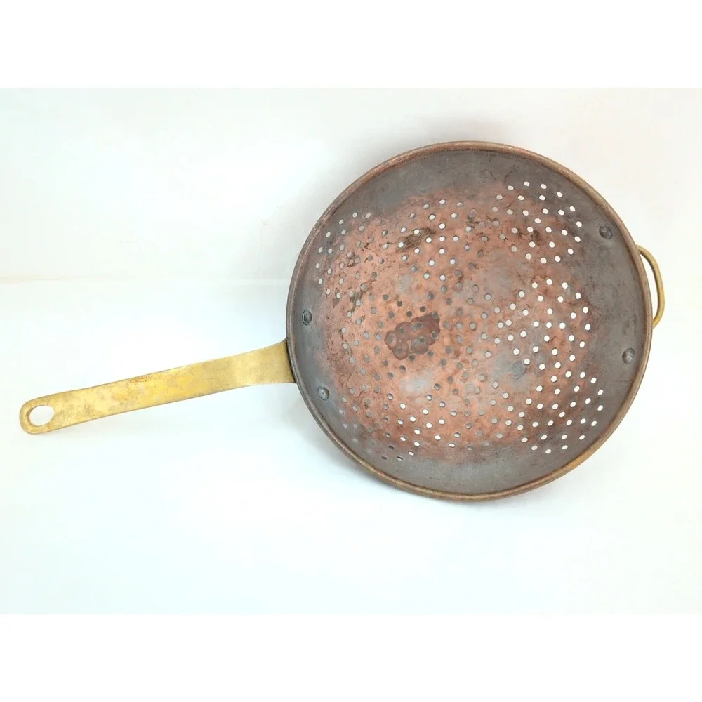Vintage Copper Seive Strainer Long Brass Handle Cottagecore Farmhouse Kitchen